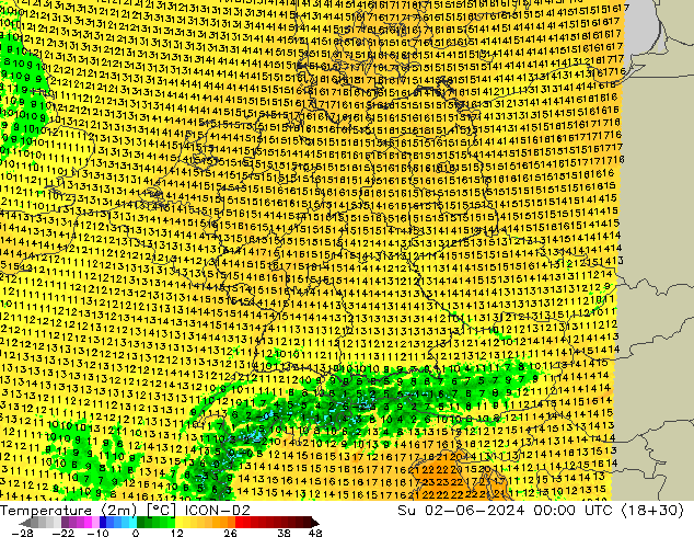 Temperatura (2m) ICON-D2 dom 02.06.2024 00 UTC