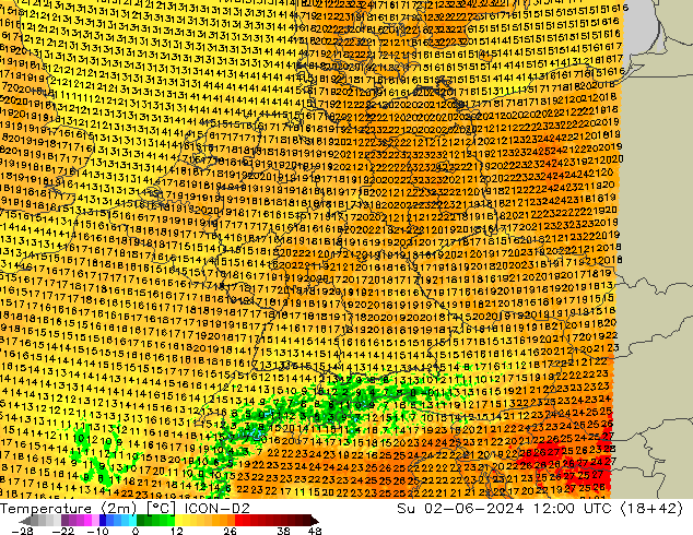 Temperature (2m) ICON-D2 Ne 02.06.2024 12 UTC