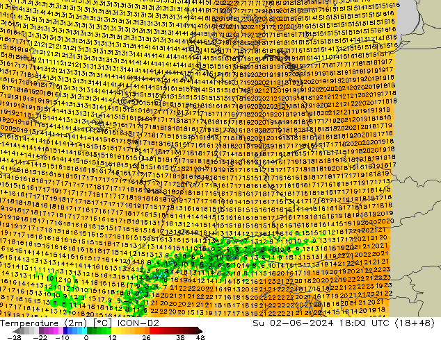 Temperatura (2m) ICON-D2 dom 02.06.2024 18 UTC