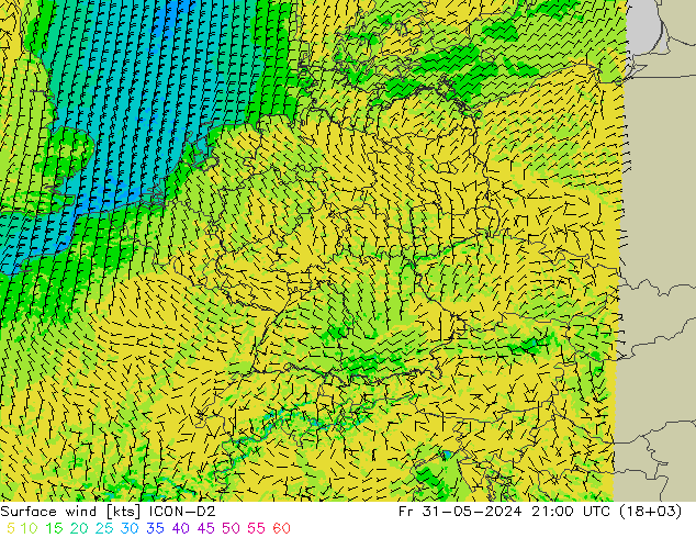 风 10 米 ICON-D2 星期五 31.05.2024 21 UTC