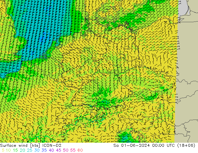 Surface wind ICON-D2 Sa 01.06.2024 00 UTC