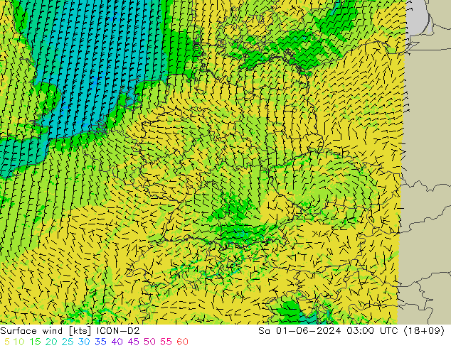 Vento 10 m ICON-D2 Sáb 01.06.2024 03 UTC