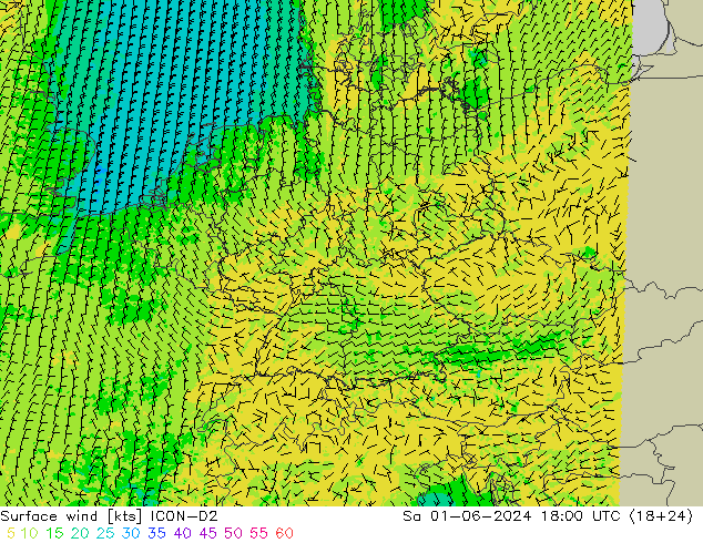 Surface wind ICON-D2 So 01.06.2024 18 UTC