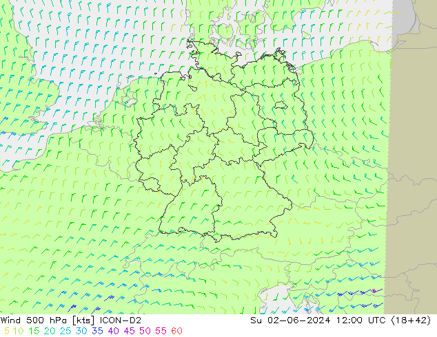 Vent 500 hPa ICON-D2 dim 02.06.2024 12 UTC