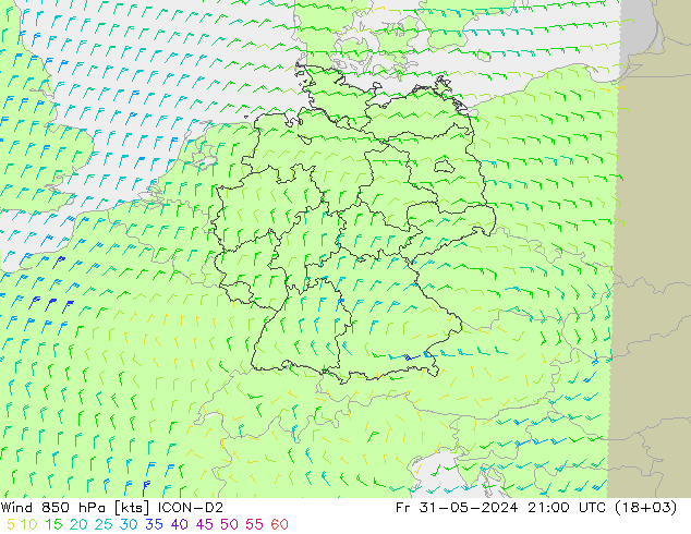 Wind 850 hPa ICON-D2 vr 31.05.2024 21 UTC