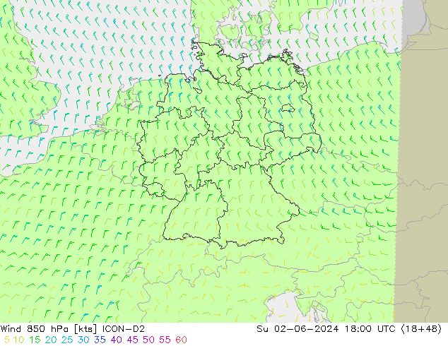 Wind 850 hPa ICON-D2 Su 02.06.2024 18 UTC