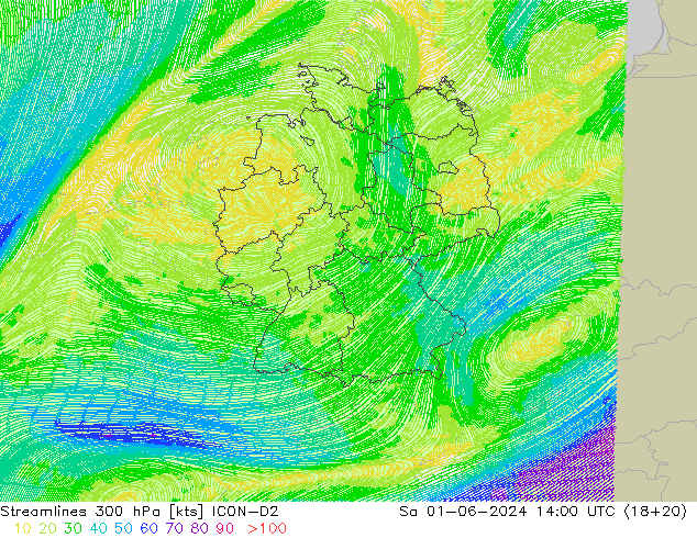 Stromlinien 300 hPa ICON-D2 Sa 01.06.2024 14 UTC