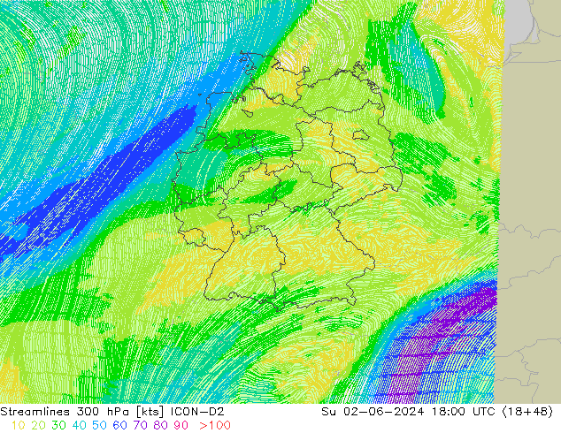 Ligne de courant 300 hPa ICON-D2 dim 02.06.2024 18 UTC