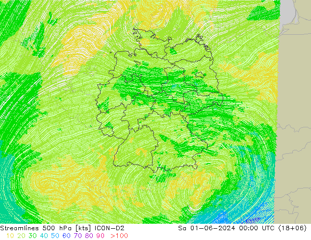 Streamlines 500 hPa ICON-D2 Sa 01.06.2024 00 UTC