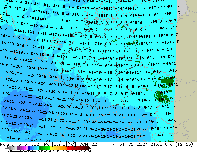 Height/Temp. 500 hPa ICON-D2 Fr 31.05.2024 21 UTC