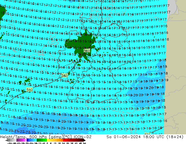 Height/Temp. 500 hPa ICON-D2 Sa 01.06.2024 18 UTC