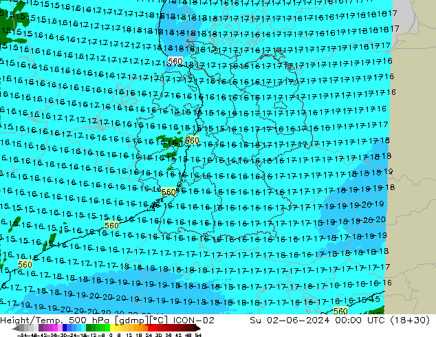 Height/Temp. 500 hPa ICON-D2  02.06.2024 00 UTC