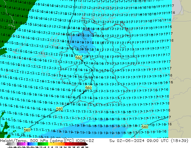 Height/Temp. 500 hPa ICON-D2 Su 02.06.2024 09 UTC