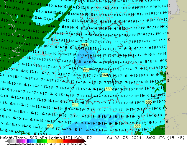 Height/Temp. 500 hPa ICON-D2  02.06.2024 18 UTC