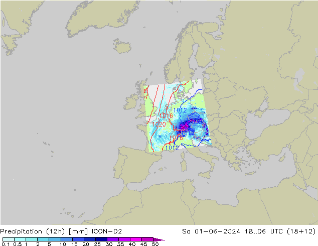 Precipitazione (12h) ICON-D2 sab 01.06.2024 06 UTC