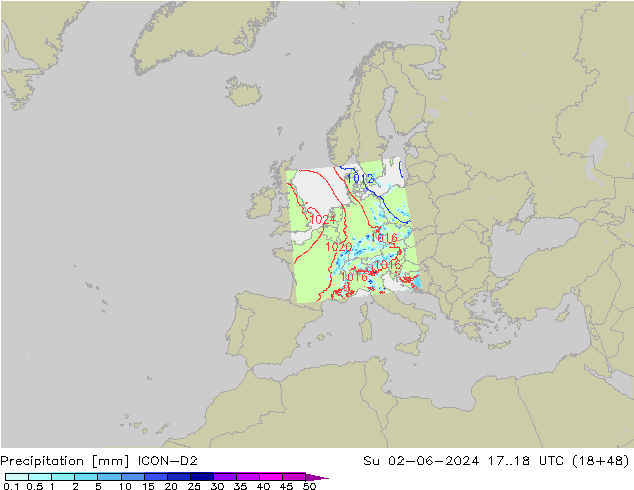 Srážky ICON-D2 Ne 02.06.2024 18 UTC