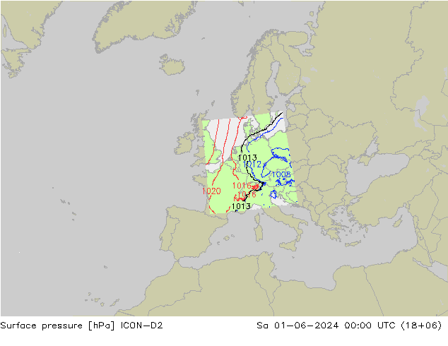 Surface pressure ICON-D2 Sa 01.06.2024 00 UTC