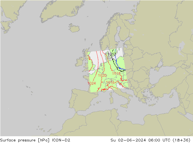 Surface pressure ICON-D2 Su 02.06.2024 06 UTC