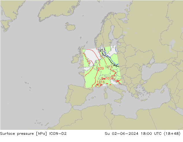 Luchtdruk (Grond) ICON-D2 zo 02.06.2024 18 UTC