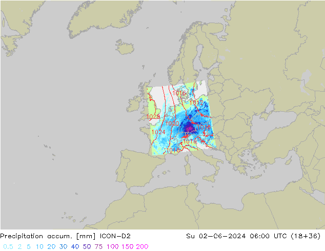 Totale neerslag ICON-D2 zo 02.06.2024 06 UTC