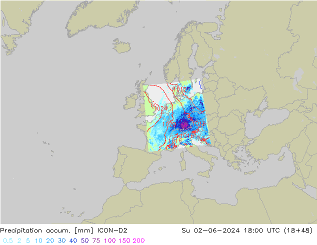 Precipitation accum. ICON-D2 Su 02.06.2024 18 UTC