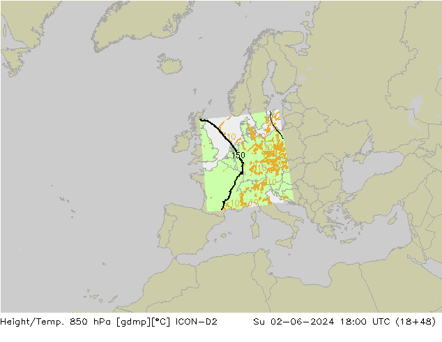 Hoogte/Temp. 850 hPa ICON-D2 zo 02.06.2024 18 UTC