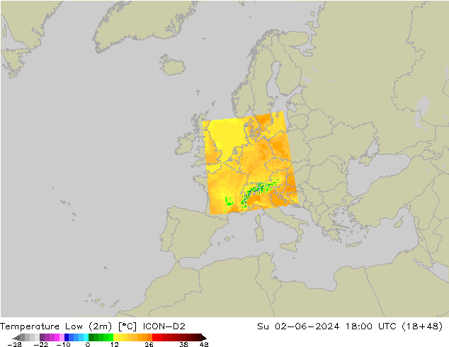 Temperature Low (2m) ICON-D2 Su 02.06.2024 18 UTC