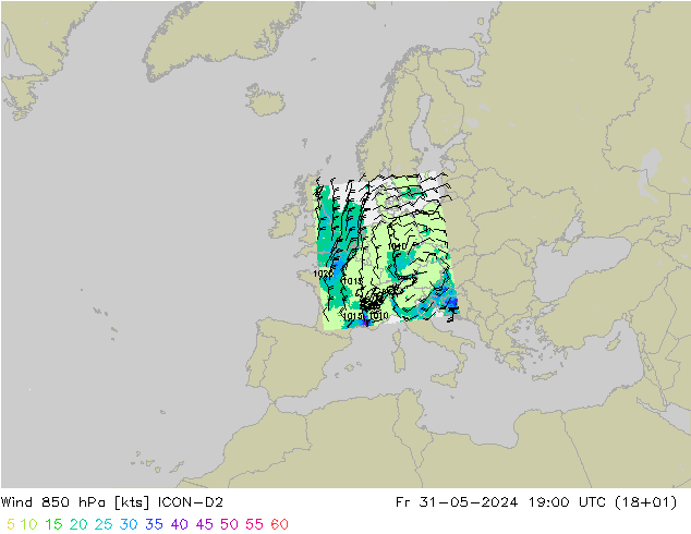 Wind 850 hPa ICON-D2 Fr 31.05.2024 19 UTC