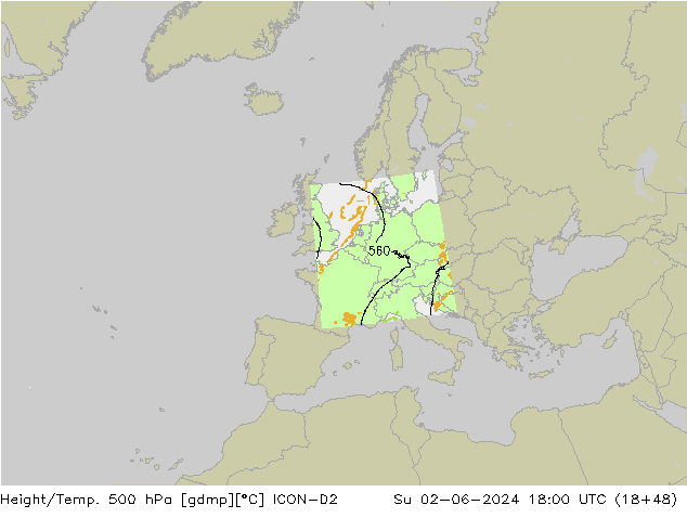 Height/Temp. 500 hPa ICON-D2 So 02.06.2024 18 UTC