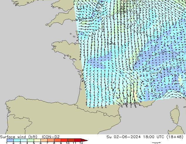 Surface wind (bft) ICON-D2 Su 02.06.2024 18 UTC