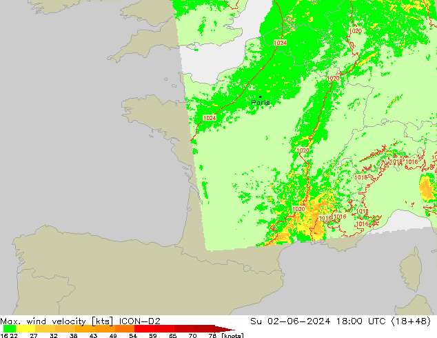 Max. wind velocity ICON-D2 Su 02.06.2024 18 UTC