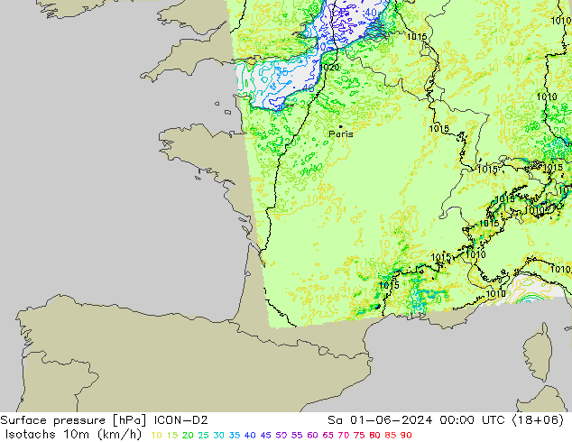 Isotachs (kph) ICON-D2 Sa 01.06.2024 00 UTC