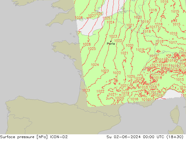 Pressione al suolo ICON-D2 dom 02.06.2024 00 UTC