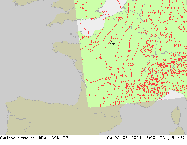 Atmosférický tlak ICON-D2 Ne 02.06.2024 18 UTC