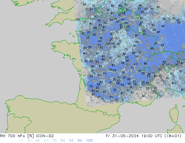 RH 700 hPa ICON-D2 Sex 31.05.2024 19 UTC