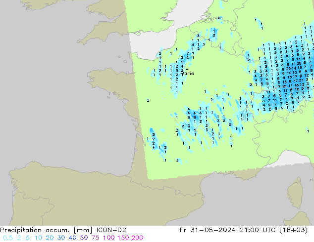 Precipitation accum. ICON-D2 ven 31.05.2024 21 UTC