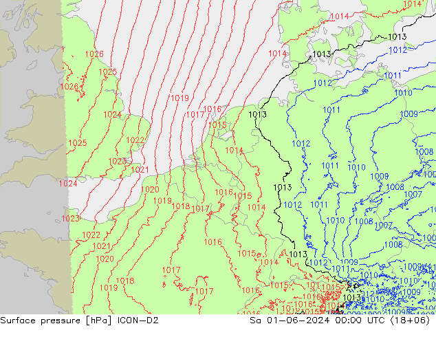 Atmosférický tlak ICON-D2 So 01.06.2024 00 UTC