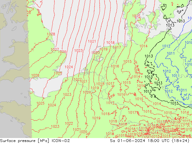 Pressione al suolo ICON-D2 sab 01.06.2024 18 UTC