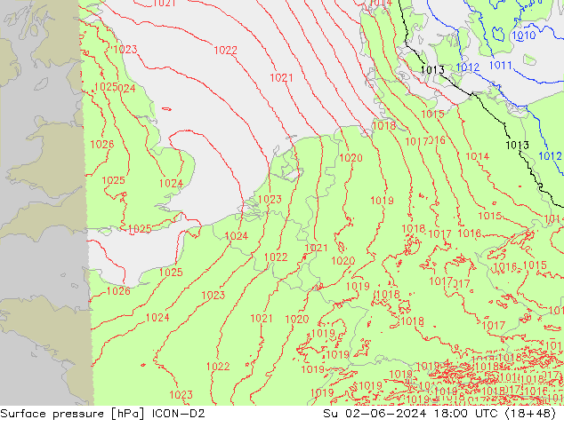 Surface pressure ICON-D2 Su 02.06.2024 18 UTC