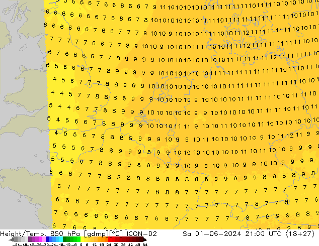 Height/Temp. 850 hPa ICON-D2 sab 01.06.2024 21 UTC