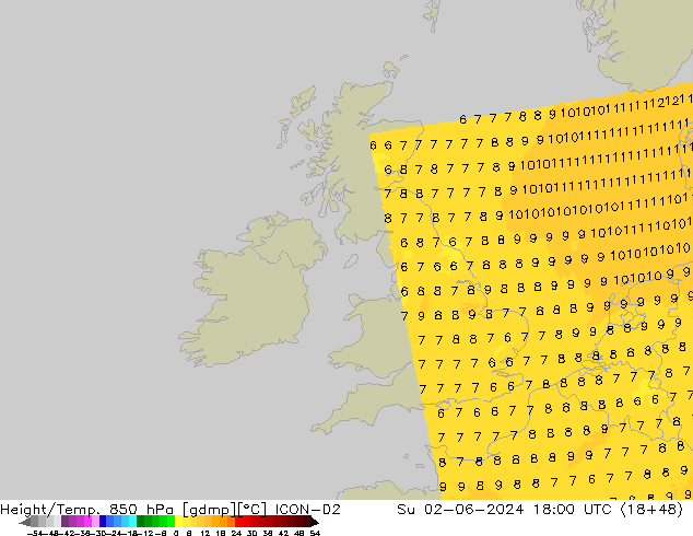 Hoogte/Temp. 850 hPa ICON-D2 zo 02.06.2024 18 UTC