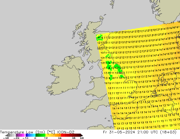 Min. Temperatura (2m) ICON-D2 pt. 31.05.2024 21 UTC