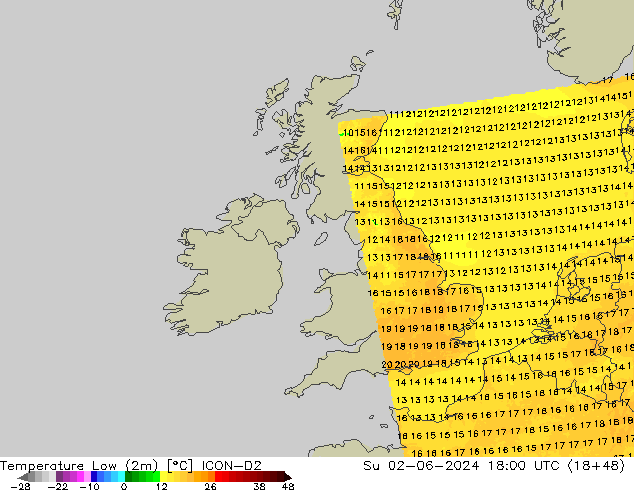 Min.temperatuur (2m) ICON-D2 zo 02.06.2024 18 UTC