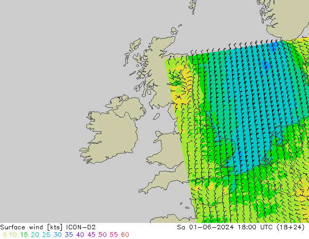 Vento 10 m ICON-D2 sab 01.06.2024 18 UTC