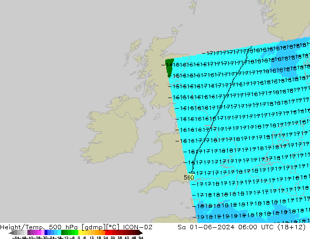 Height/Temp. 500 hPa ICON-D2 Sa 01.06.2024 06 UTC