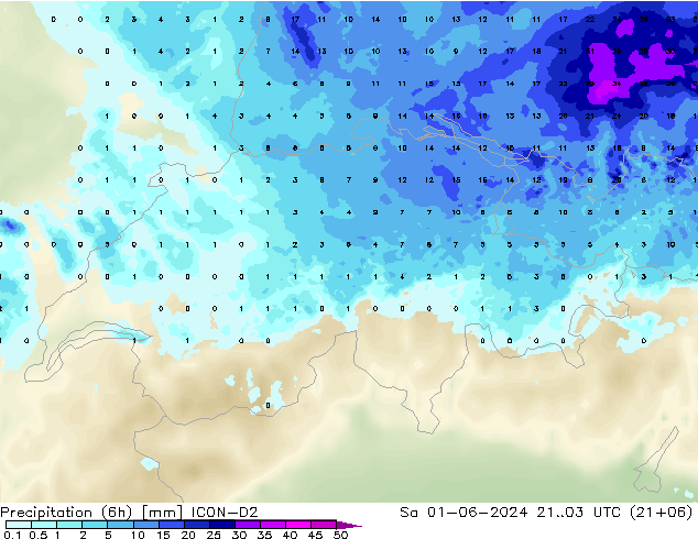 Precipitation (6h) ICON-D2 Sa 01.06.2024 03 UTC