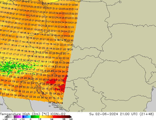 Темпер. макс 2т ICON-D2 Вс 02.06.2024 21 UTC