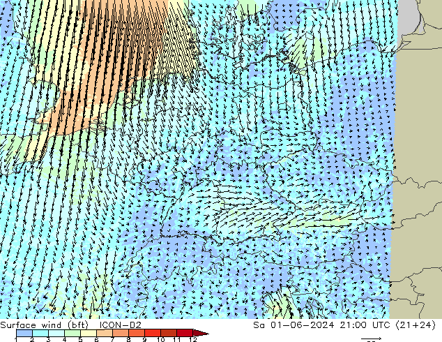 Vento 10 m (bft) ICON-D2 Sáb 01.06.2024 21 UTC