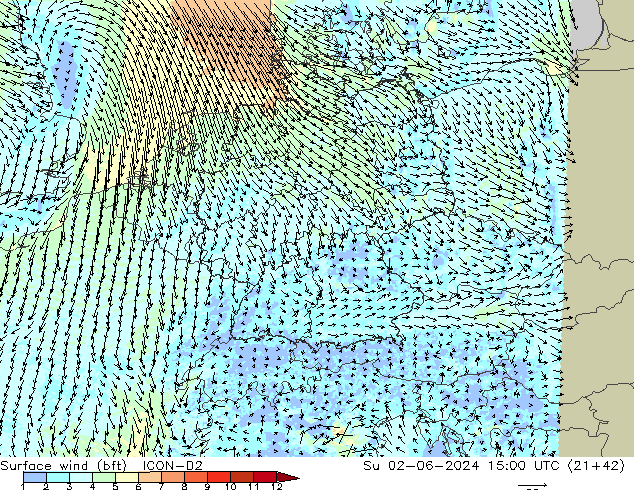 Surface wind (bft) ICON-D2 Su 02.06.2024 15 UTC