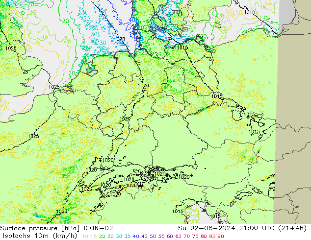 Isotachs (kph) ICON-D2 Su 02.06.2024 21 UTC